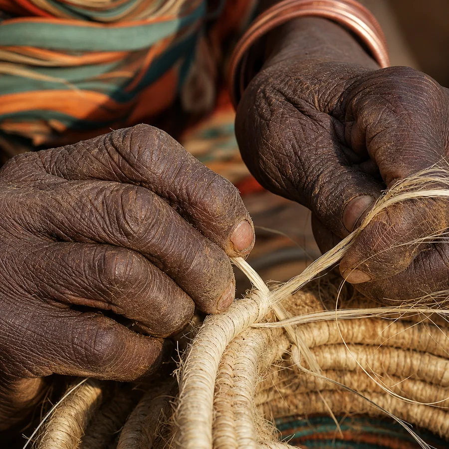 Close-up of weathered Turkana artisan hands pulling sisal fibre through a coiled basket weave