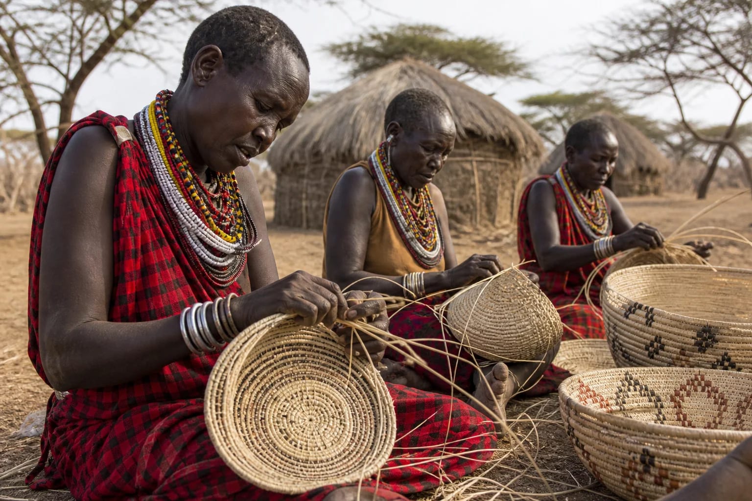 Turkana women artisans weaving sisal baskets together outdoors in East Africa