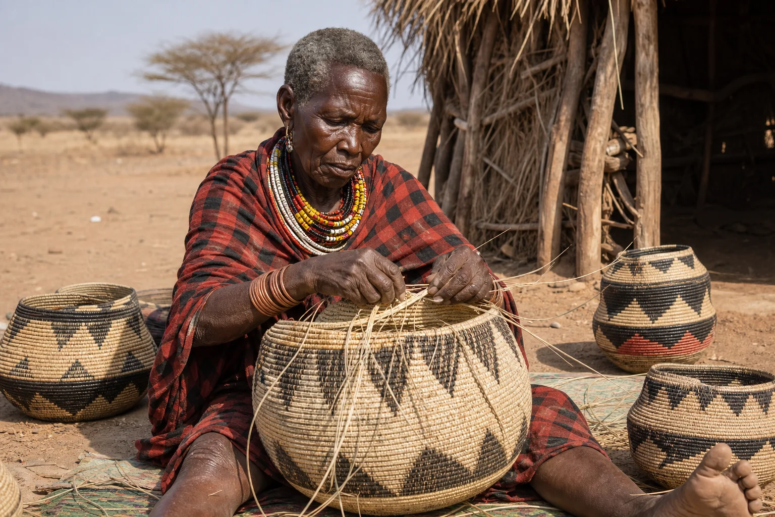 Elderly Turkana mother artisan weaving a patterned sisal basket outdoors by a manyatta with weathered hands