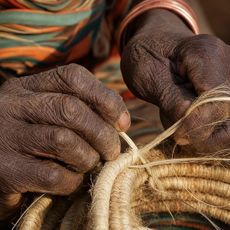 Weathered hands of an East African mother weaving natural sisal fibre