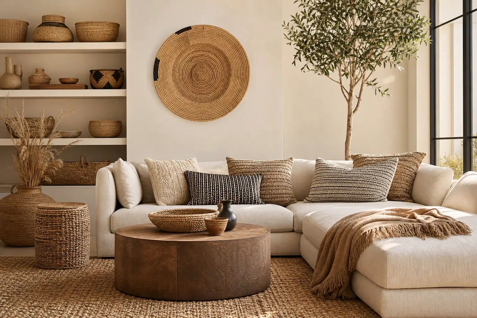 Handcrafted woven baskets in a styled interior