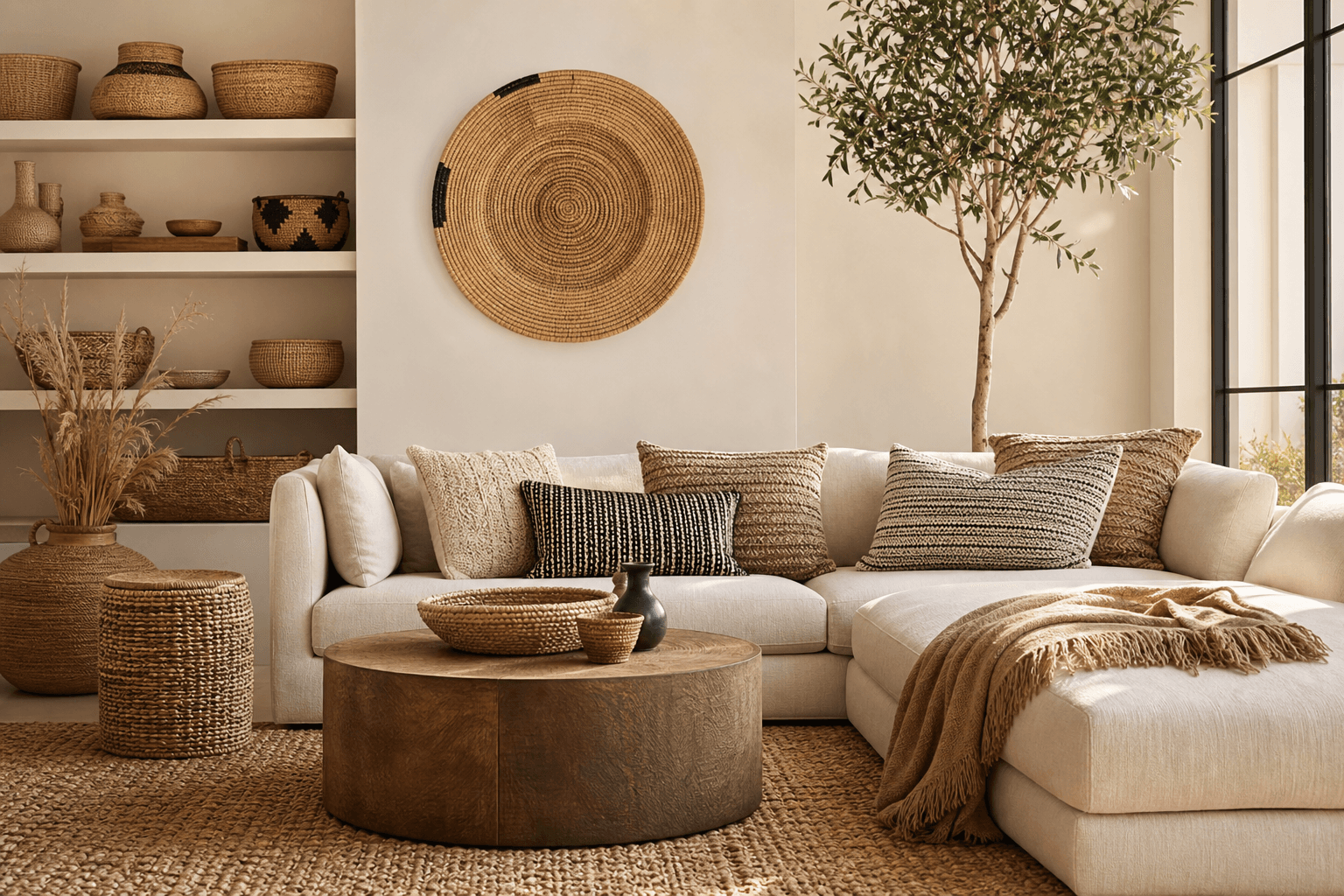 Handcrafted woven baskets in a styled interior