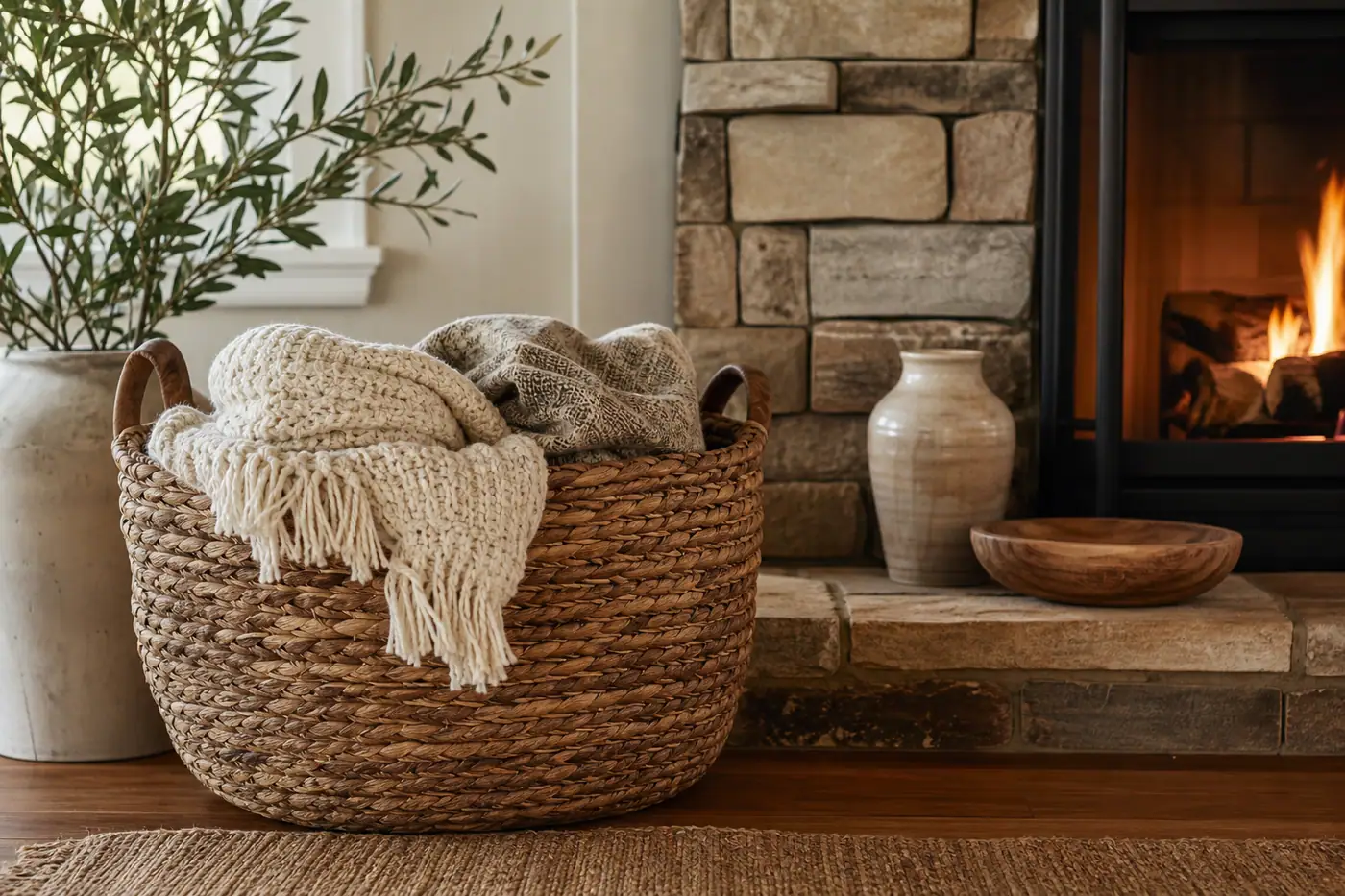 Basket styled by fireplace