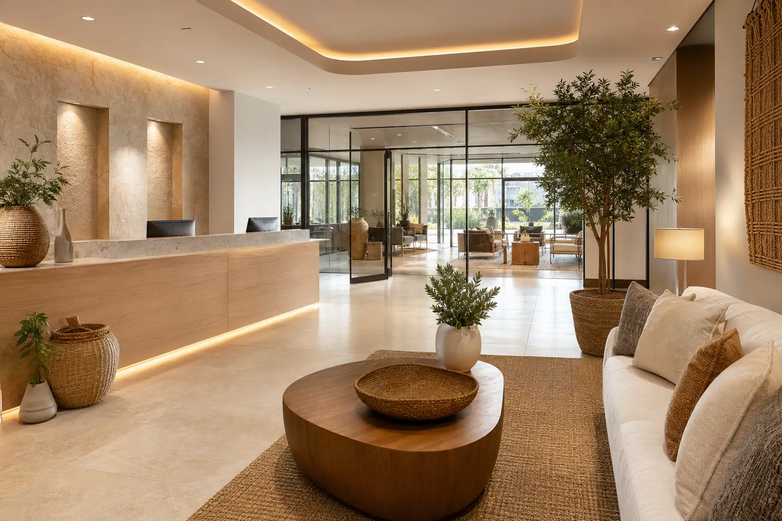 Modern corporate office styled with handcrafted woven decor