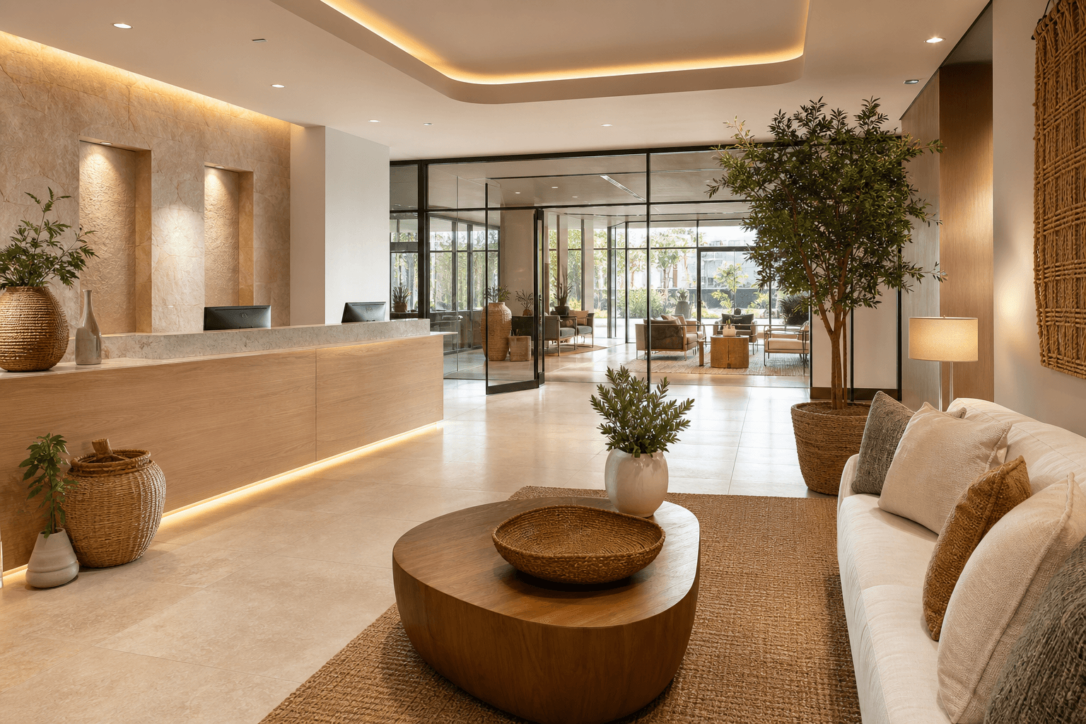 Modern corporate office styled with handcrafted woven decor